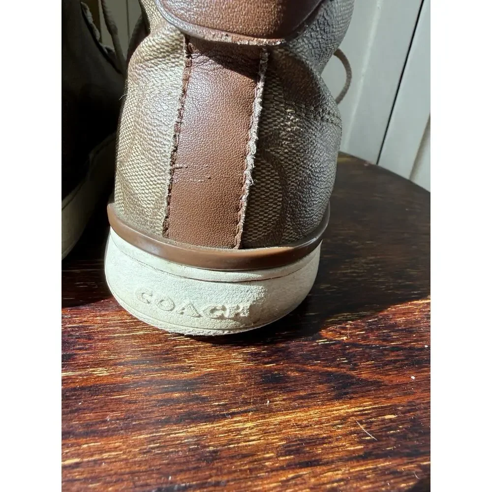 Coach Women's Clip Signature High Top Sneaker Size 7D Color Khaki/Saddle Logo